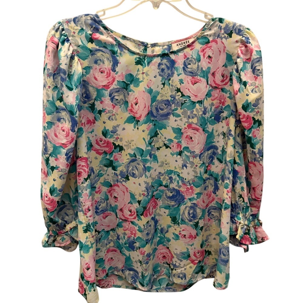 Andree‎ by Unit Floral Puff Sleeve Blouse Pink Teal Blue Watercolor Rose Top L - Picture 3 of 5